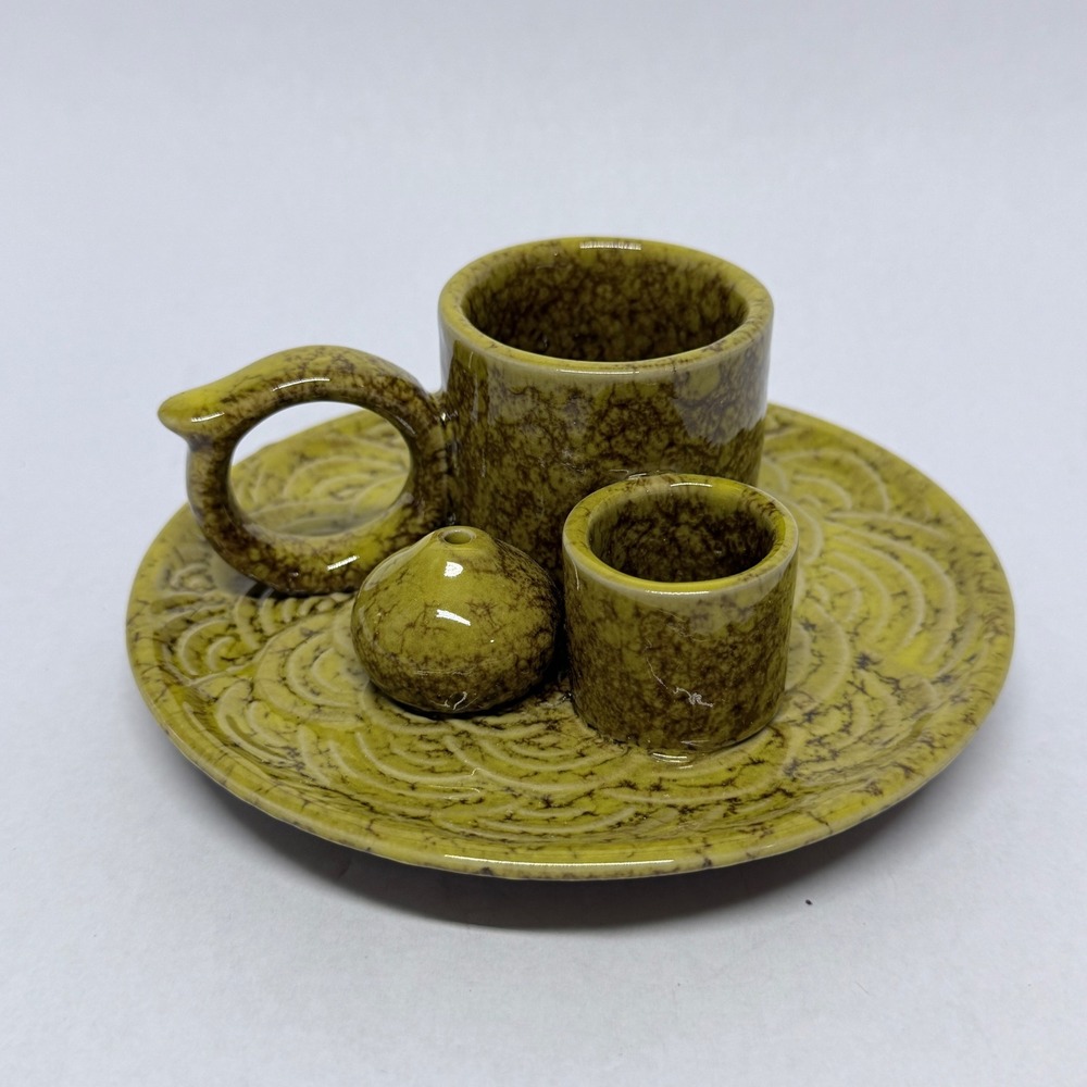 Ceramic 4-in-1 Incense and Candle Holder Set Olive Green Mottled Glaze 4.5 inch